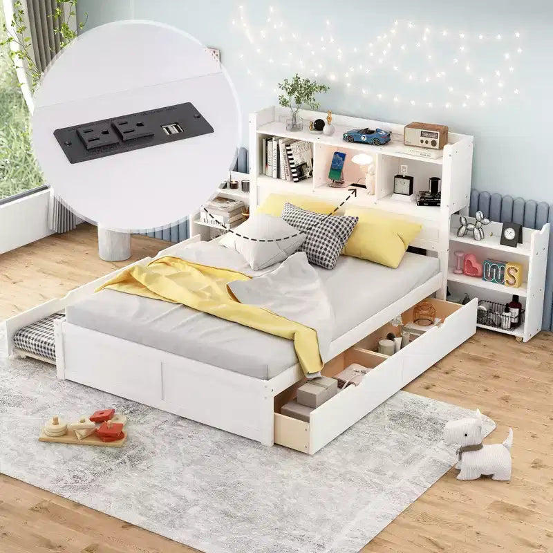 Full Size Platform Bed Frame with Storage Headboard, Charging Station, Trundle, 2 Drawers and Pull Out Shelves, White/Espresso-ModernLuxe