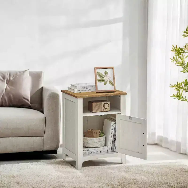 LEDREM Rustic White and Honey Brown Farmhouse Nightstand with Barn Door, Bedside Table features an Open Compartment, and serves as a Side End Table