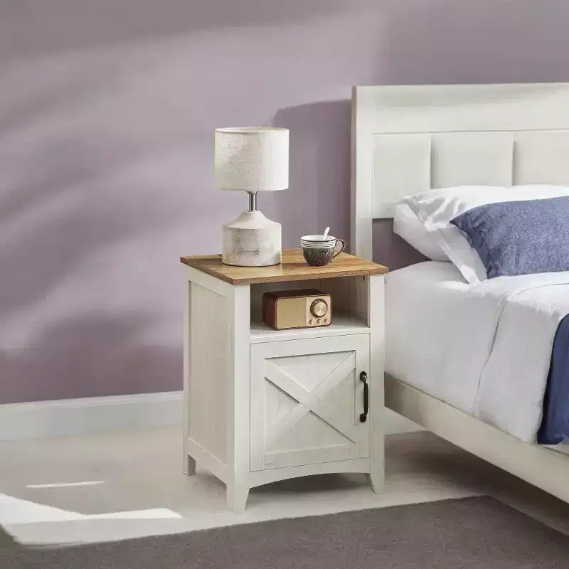 LEDREM Rustic White and Honey Brown Farmhouse Nightstand with Barn Door, Bedside Table features an Open Compartment, and serves as a Side End Table