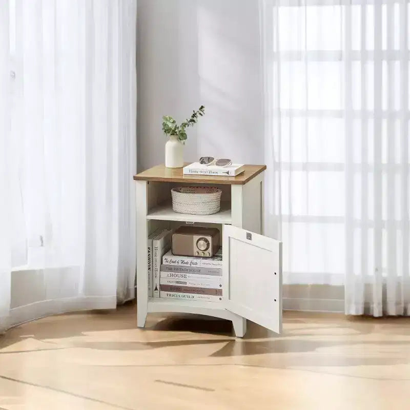 LEDREM Rustic White and Honey Brown Farmhouse Nightstand with Barn Door, Bedside Table features an Open Compartment, and serves as a Side End Table