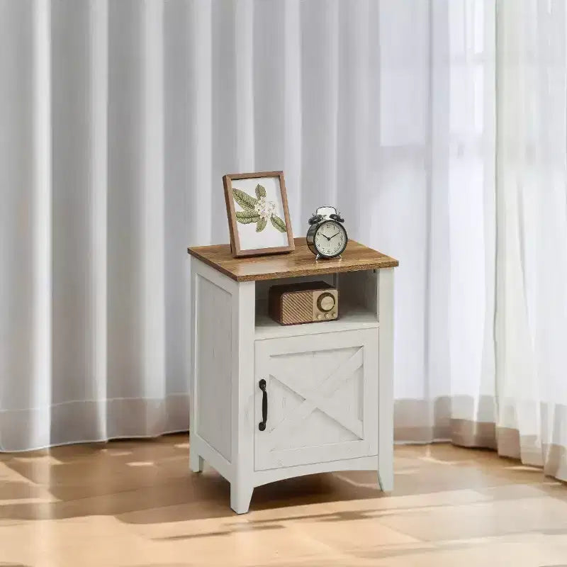 LEDREM Rustic White and Honey Brown Farmhouse Nightstand with Barn Door, Bedside Table features an Open Compartment, and serves as a Side End Table