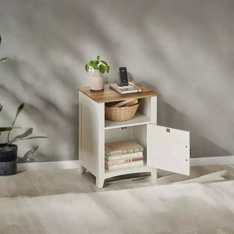 LEDREM Rustic White and Honey Brown Farmhouse Nightstand with Barn Door, Bedside Table features an Open Compartment, and serves as a Side End Table