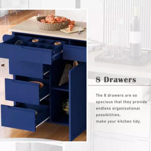 Blue Kitchen Island Cart with Rubber Wood Countertop 5 Wheels for Kitchen Dinning Room