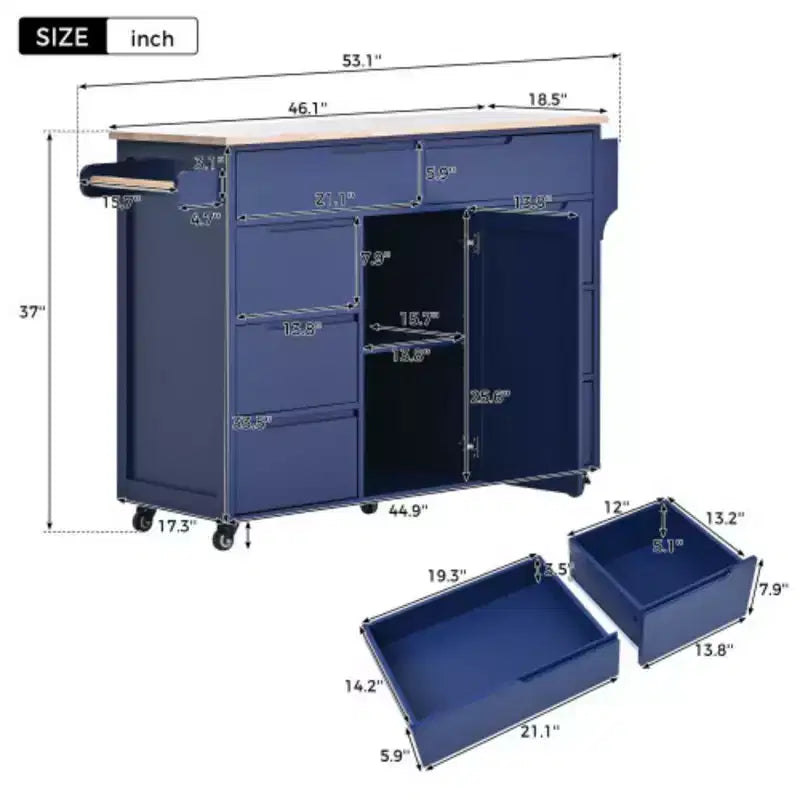 Blue Kitchen Island Cart with Rubber Wood Countertop 5 Wheels for Kitchen Dinning Room