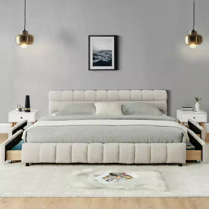 GDFStudio Abbott Queen Size Tufted Chenille Upholstered Bed with Drawer and Headboard