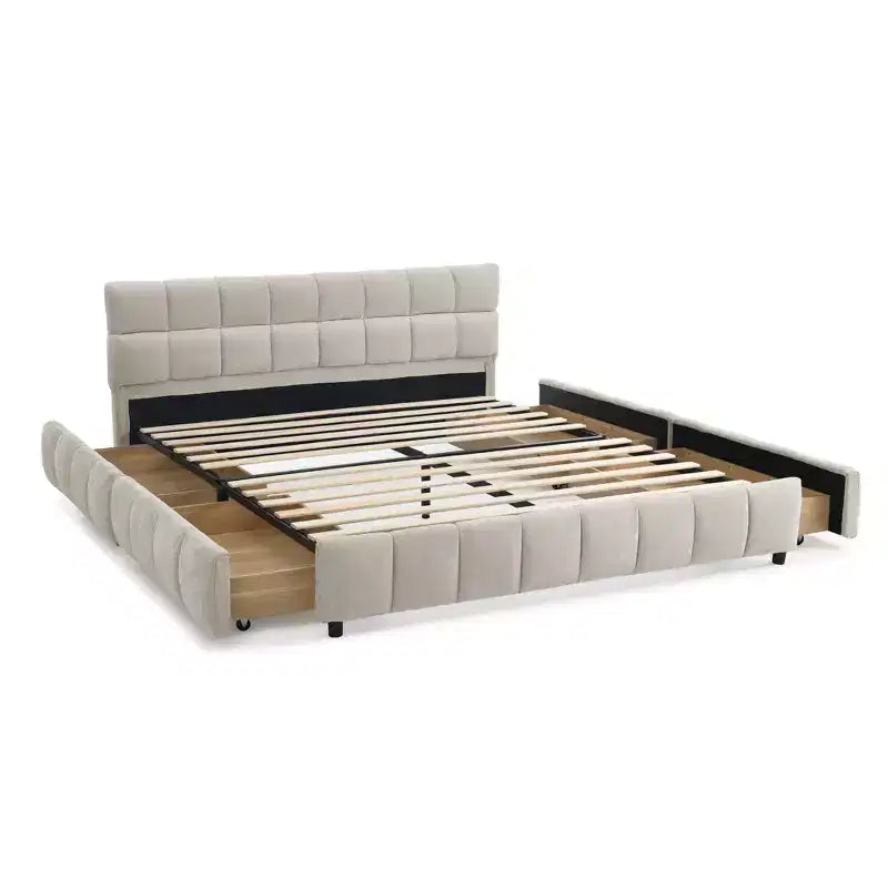 GDFStudio Abbott Queen Size Tufted Chenille Upholstered Bed with Drawer and Headboard