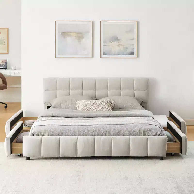 GDFStudio Abbott Queen Size Tufted Chenille Upholstered Bed with Drawer and Headboard