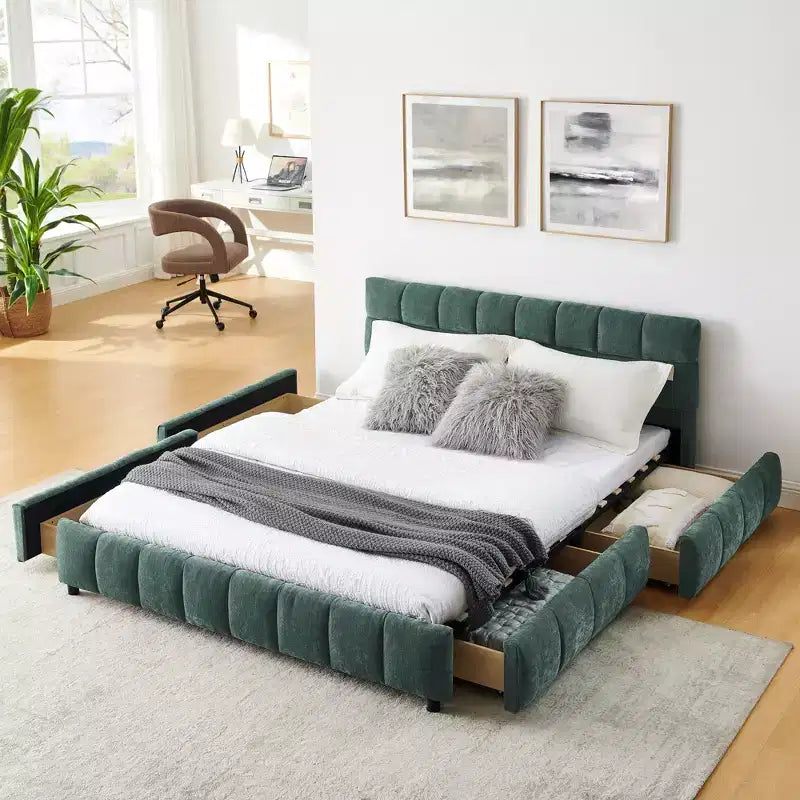 GDFStudio Abbott Queen Size Tufted Chenille Upholstered Bed with Drawer and Headboard