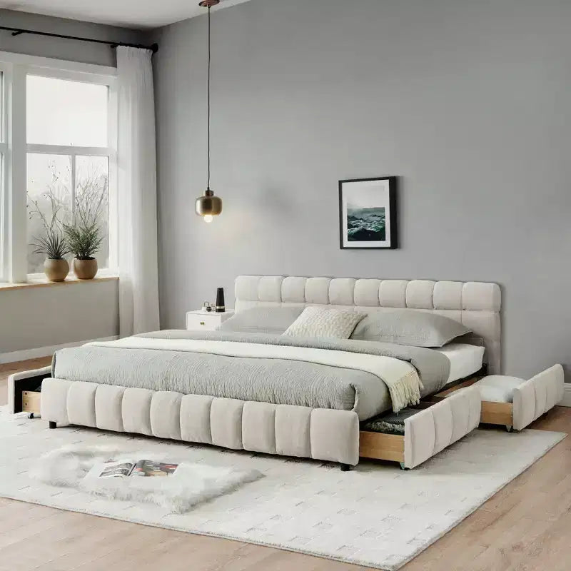 GDFStudio Abbott Queen Size Tufted Chenille Upholstered Bed with Drawer and Headboard