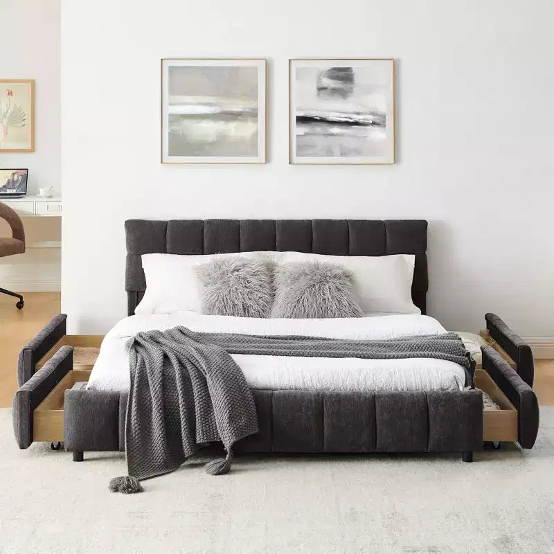 GDFStudio Abbott Queen Size Tufted Chenille Upholstered Bed with Drawer and Headboard
