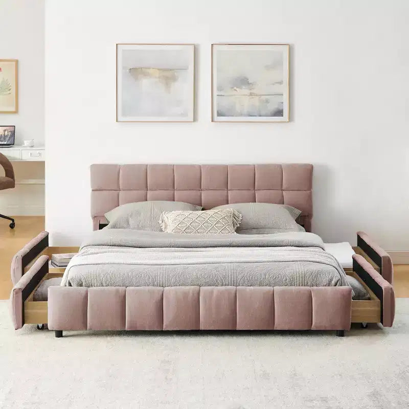 GDFStudio Abbott Queen Size Tufted Chenille Upholstered Bed with Drawer and Headboard