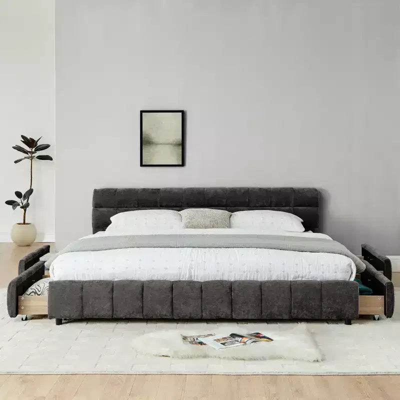 GDFStudio Abbott Queen Size Tufted Chenille Upholstered Bed with Drawer and Headboard