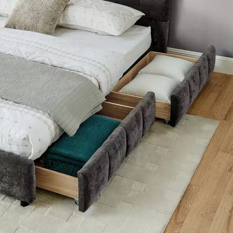 GDFStudio Abbott Queen Size Tufted Chenille Upholstered Bed with Drawer and Headboard