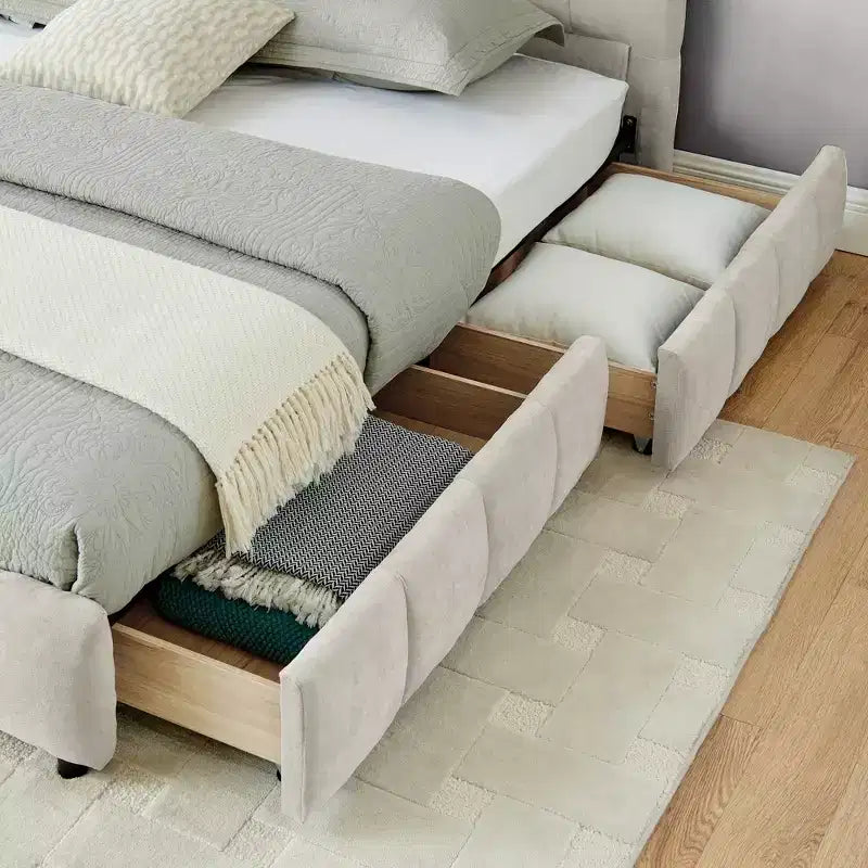 GDFStudio Abbott Queen Size Tufted Chenille Upholstered Bed with Drawer and Headboard