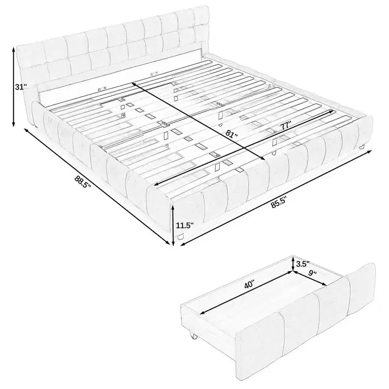 GDFStudio Abbott Queen Size Tufted Chenille Upholstered Bed with Drawer and Headboard