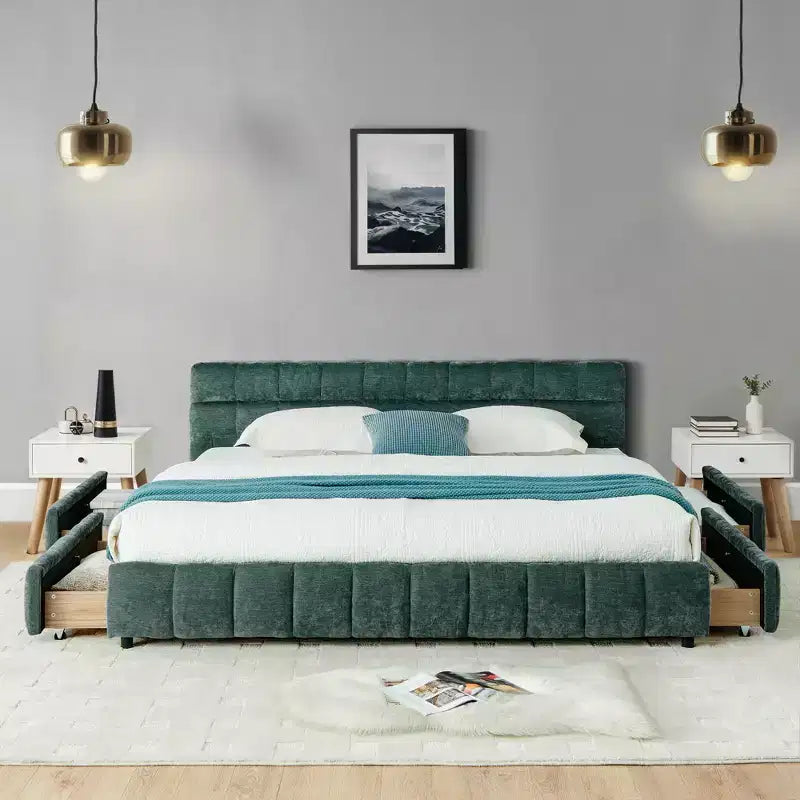 GDFStudio Abbott Queen Size Tufted Chenille Upholstered Bed with Drawer and Headboard
