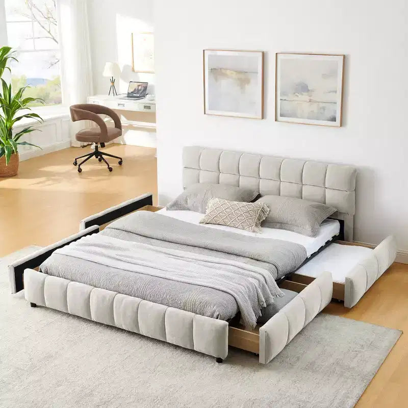 GDFStudio Abbott Queen Size Tufted Chenille Upholstered Bed with Drawer and Headboard