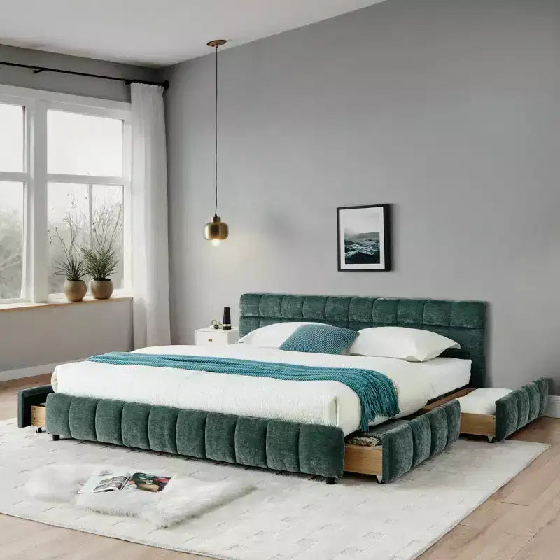 GDFStudio Abbott Queen Size Tufted Chenille Upholstered Bed with Drawer and Headboard
