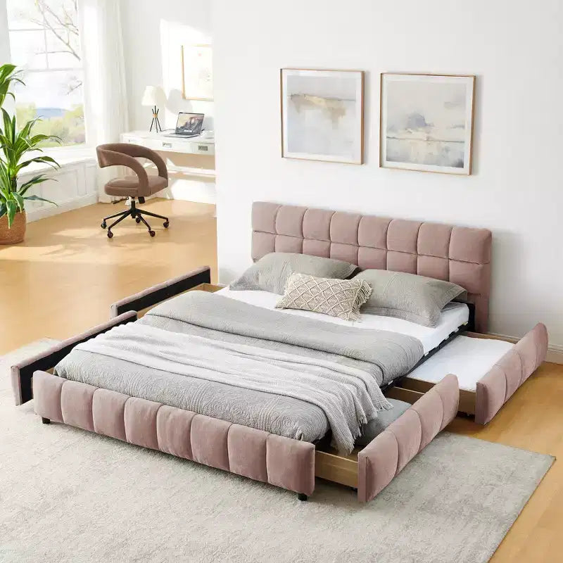 GDFStudio Abbott Queen Size Tufted Chenille Upholstered Bed with Drawer and Headboard