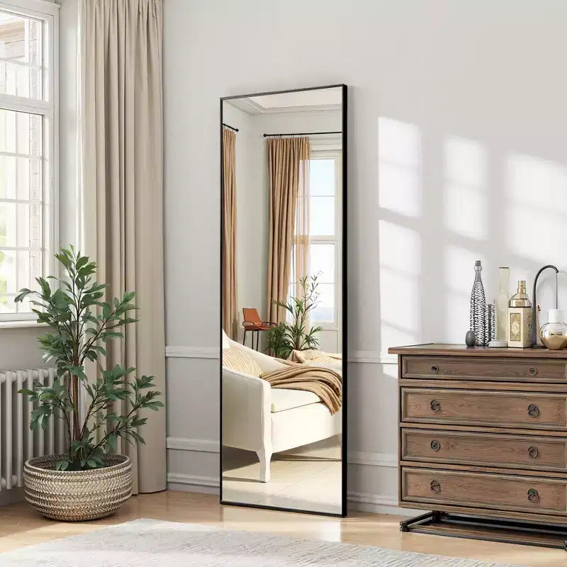 Aluminum Alloy Thin Edged Rectangular Black Full-Length Mirror, 64.2 x 21.3 x 0.6 (With Bracket)