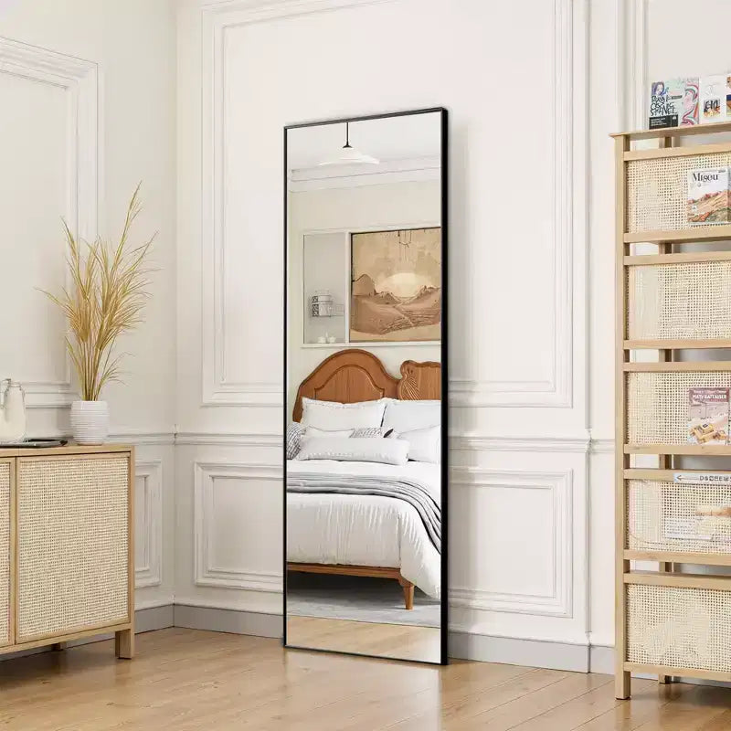 Aluminum Alloy Thin Edged Rectangular Black Full-Length Mirror, 64.2 x 21.3 x 0.6 (With Bracket)