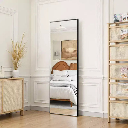 Aluminum Alloy Thin Edged Rectangular Black Full-Length Mirror, 64.2 x 21.3 x 0.6 (With Bracket)