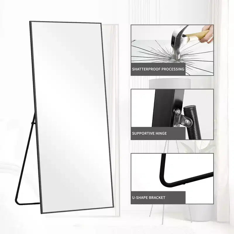 Aluminum Alloy Thin Edged Rectangular Black Full-Length Mirror, 64.2 x 21.3 x 0.6 (With Bracket)