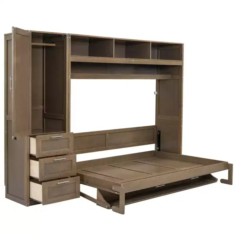 Full Size Murphy Bed Wall Bed Frame, Wooden Storage Cabinet Bed with Wardrobe, Drawers and Open Shelves, Antique Wood -ModernLuxe