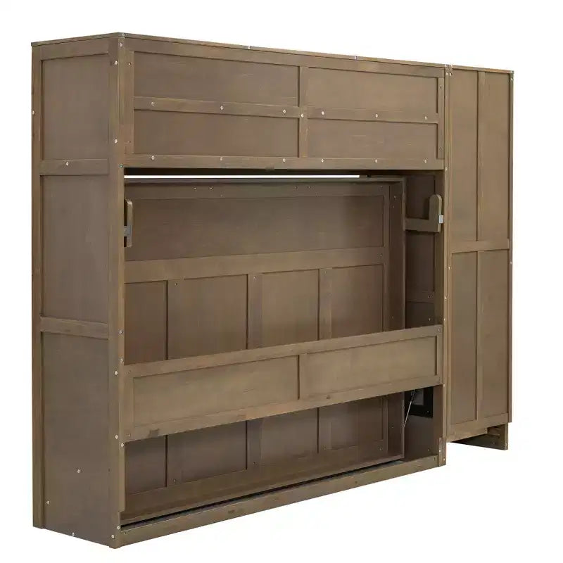 Full Size Murphy Bed Wall Bed Frame, Wooden Storage Cabinet Bed with Wardrobe, Drawers and Open Shelves, Antique Wood -ModernLuxe