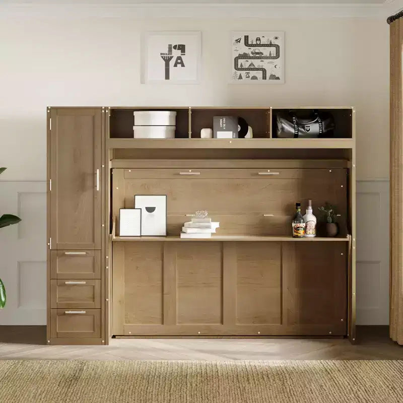 Full Size Murphy Bed Wall Bed Frame, Wooden Storage Cabinet Bed with Wardrobe, Drawers and Open Shelves, Antique Wood -ModernLuxe