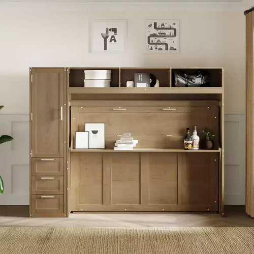 Full Size Murphy Bed Wall Bed Frame, Wooden Storage Cabinet Bed with Wardrobe, Drawers and Open Shelves, Antique Wood -ModernLuxe