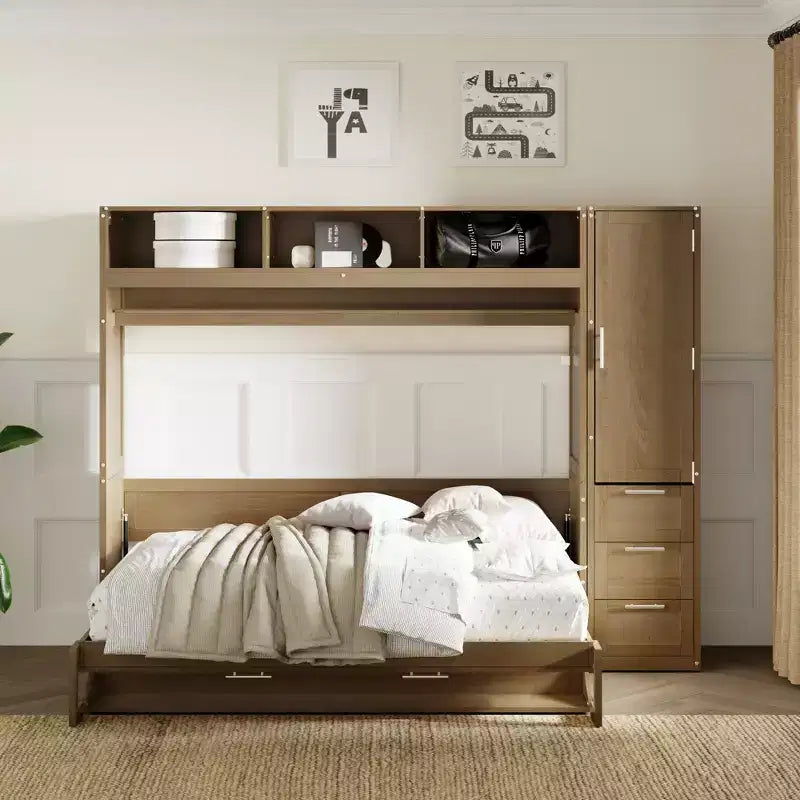 Full Size Murphy Bed Wall Bed Frame, Wooden Storage Cabinet Bed with Wardrobe, Drawers and Open Shelves, Antique Wood -ModernLuxe