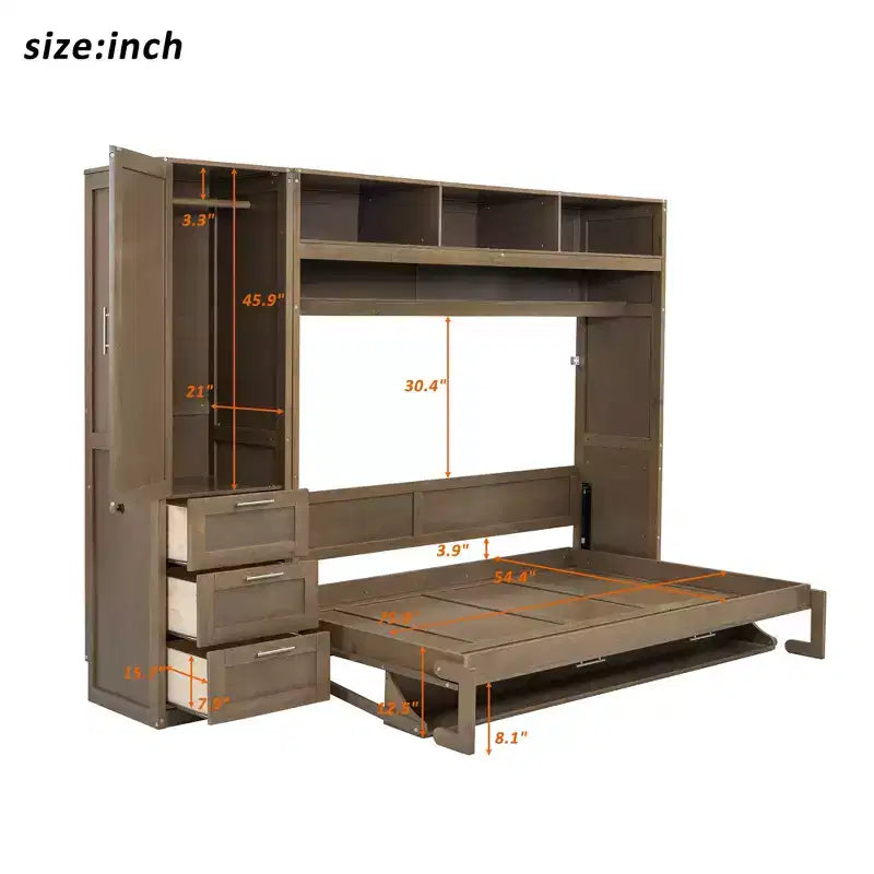 Full Size Murphy Bed Wall Bed Frame, Wooden Storage Cabinet Bed with Wardrobe, Drawers and Open Shelves, Antique Wood -ModernLuxe