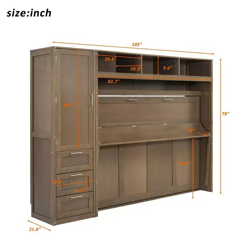 Full Size Murphy Bed Wall Bed Frame, Wooden Storage Cabinet Bed with Wardrobe, Drawers and Open Shelves, Antique Wood -ModernLuxe