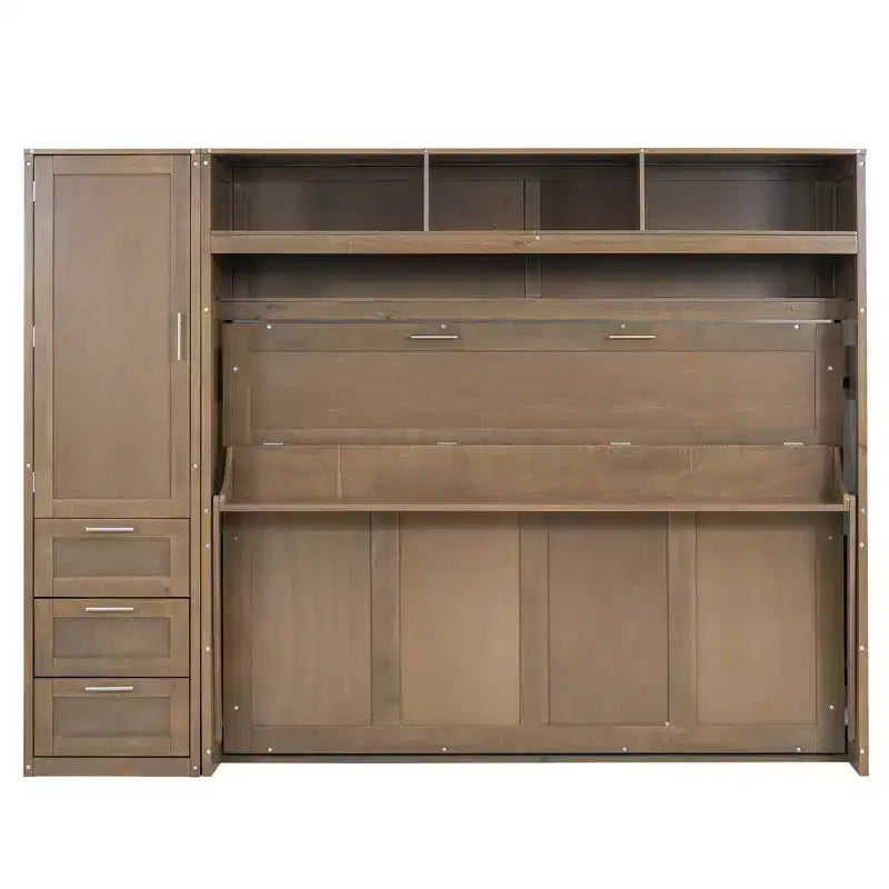 Full Size Murphy Bed Wall Bed Frame, Wooden Storage Cabinet Bed with Wardrobe, Drawers and Open Shelves, Antique Wood -ModernLuxe