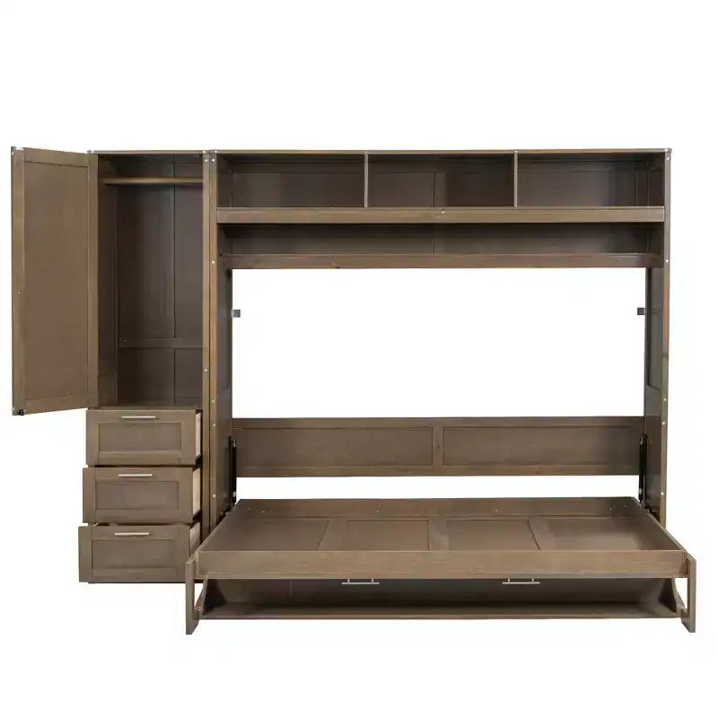 Full Size Murphy Bed Wall Bed Frame, Wooden Storage Cabinet Bed with Wardrobe, Drawers and Open Shelves, Antique Wood -ModernLuxe