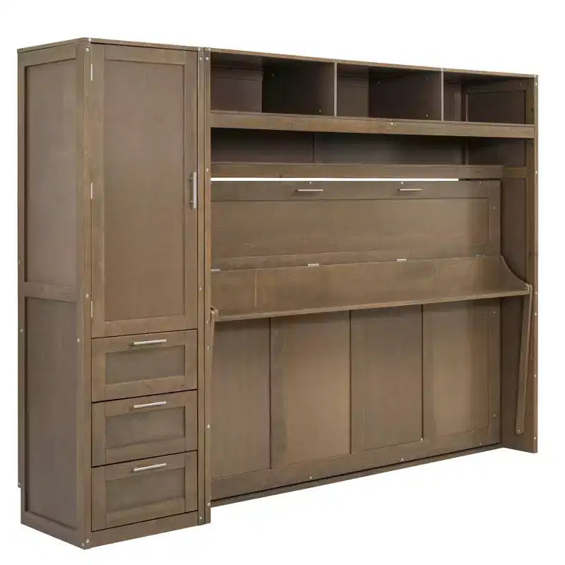 Full Size Murphy Bed Wall Bed Frame, Wooden Storage Cabinet Bed with Wardrobe, Drawers and Open Shelves, Antique Wood -ModernLuxe