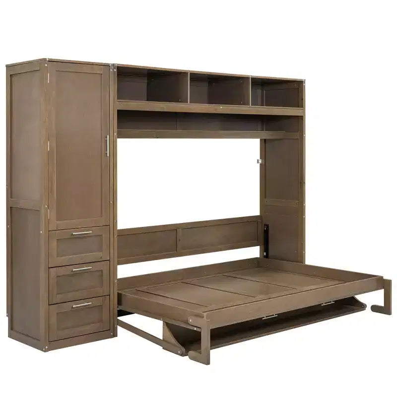 Full Size Murphy Bed Wall Bed Frame, Wooden Storage Cabinet Bed with Wardrobe, Drawers and Open Shelves, Antique Wood -ModernLuxe