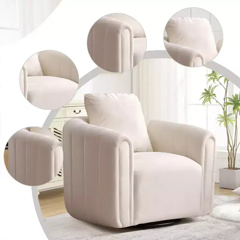 White Soft Velvet Arm Chair with Swivel Barrel Accent Chair with Pillow