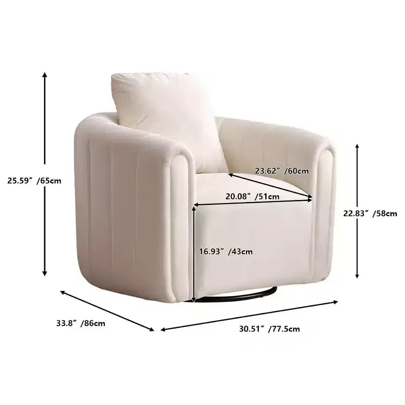 White Soft Velvet Arm Chair with Swivel Barrel Accent Chair with Pillow
