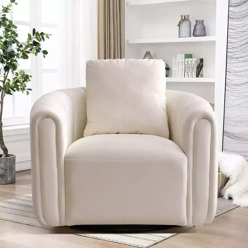 White Soft Velvet Arm Chair with Swivel Barrel Accent Chair with Pillow