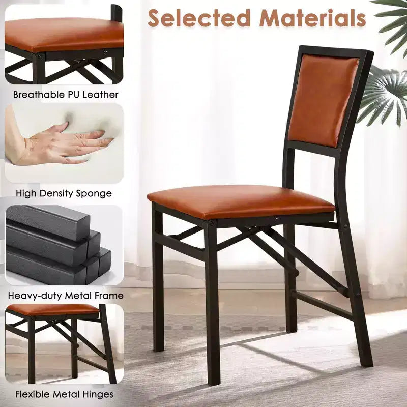 VECELO Foldable Dining Chairs Set of 2/4/6, No Assembly Heavy-Duty Metal Frame, Kitchen and Living Room Chairs, Black/Brown