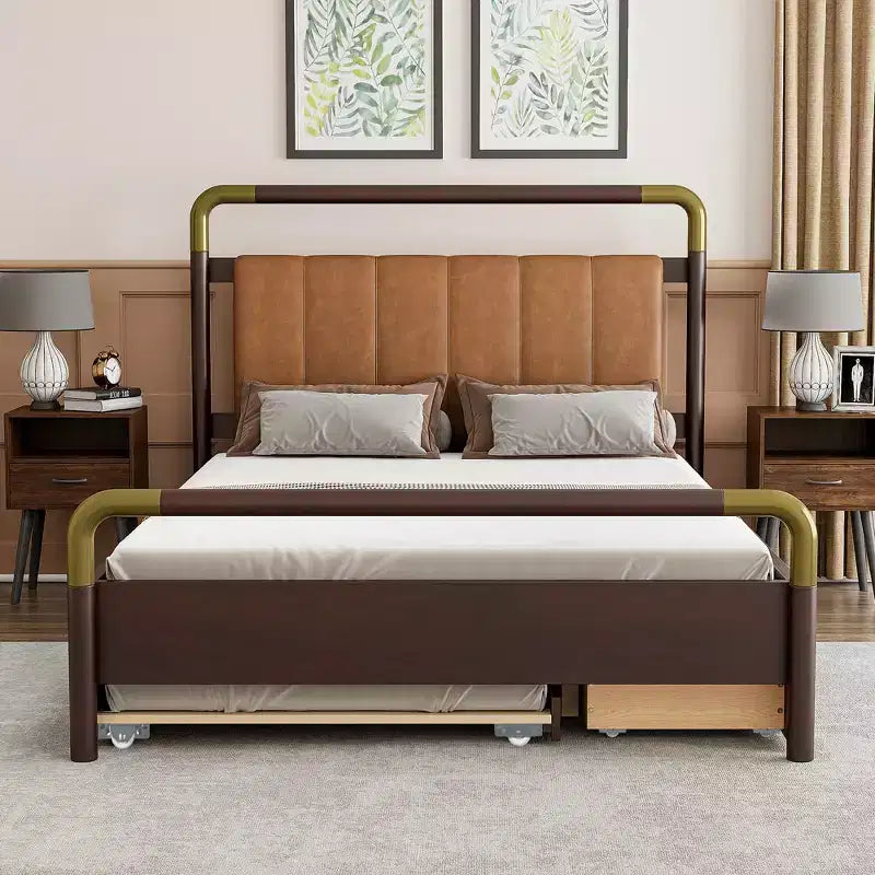 GDFStudio Noah Queen Size Upholstered Faux Leather and Wooden Platform Bed with Drawers and T-XL Trundle