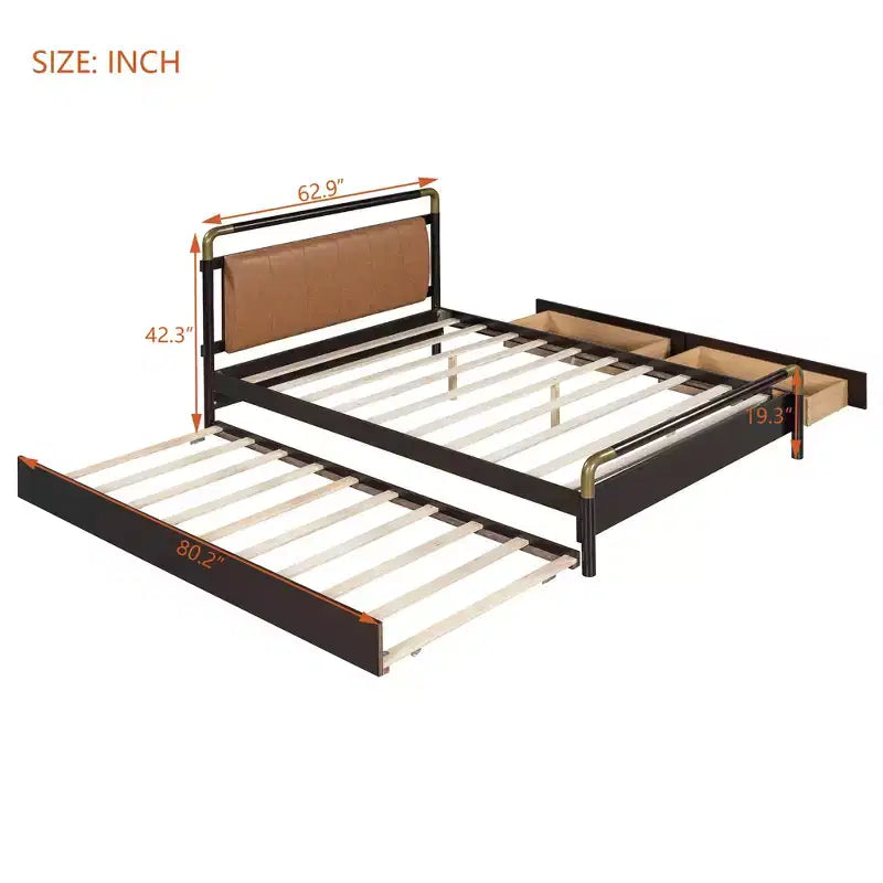 GDFStudio Noah Queen Size Upholstered Faux Leather and Wooden Platform Bed with Drawers and T-XL Trundle