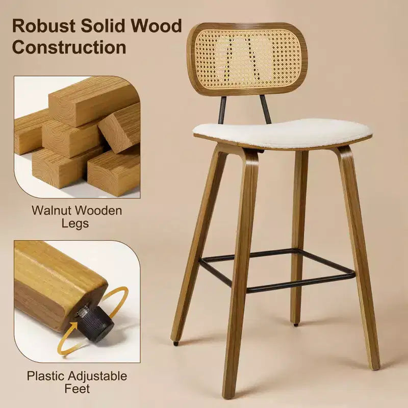 Bekrvio 26 Mid Century Modern Counter Height Bar Stools - Rattan Cane Back, Wood, PU Leather Upholstered for Kitchen Island Dining
