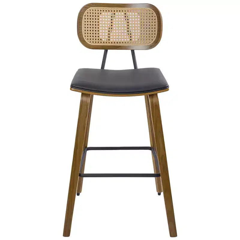 Bekrvio 26 Mid Century Modern Counter Height Bar Stools - Rattan Cane Back, Wood, PU Leather Upholstered for Kitchen Island Dining