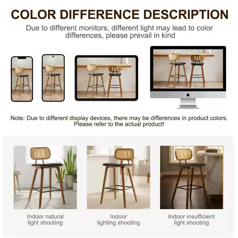 Bekrvio 26 Mid Century Modern Counter Height Bar Stools - Rattan Cane Back, Wood, PU Leather Upholstered for Kitchen Island Dining