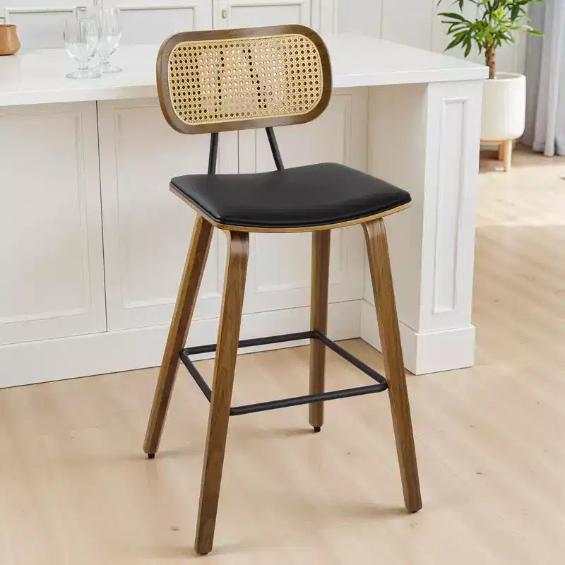 Bekrvio 26 Mid Century Modern Counter Height Bar Stools - Rattan Cane Back, Wood, PU Leather Upholstered for Kitchen Island Dining