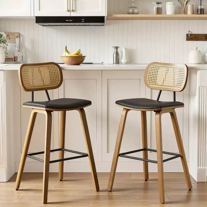 Bekrvio 26 Mid Century Modern Counter Height Bar Stools - Rattan Cane Back, Wood, PU Leather Upholstered for Kitchen Island Dining