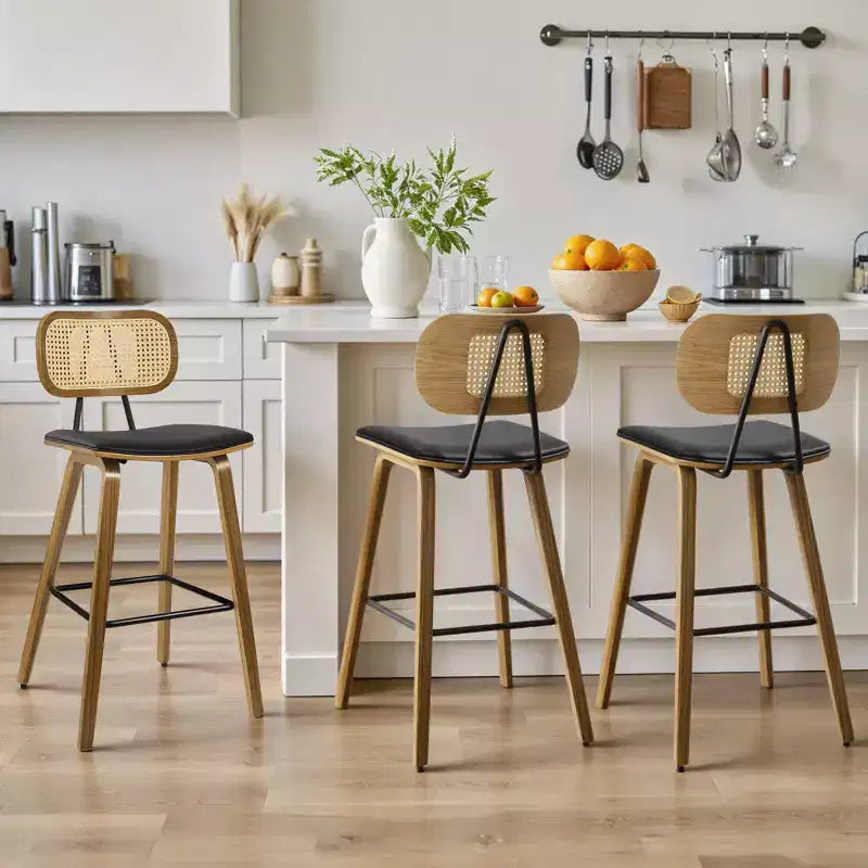 Bekrvio 26 Mid Century Modern Counter Height Bar Stools - Rattan Cane Back, Wood, PU Leather Upholstered for Kitchen Island Dining